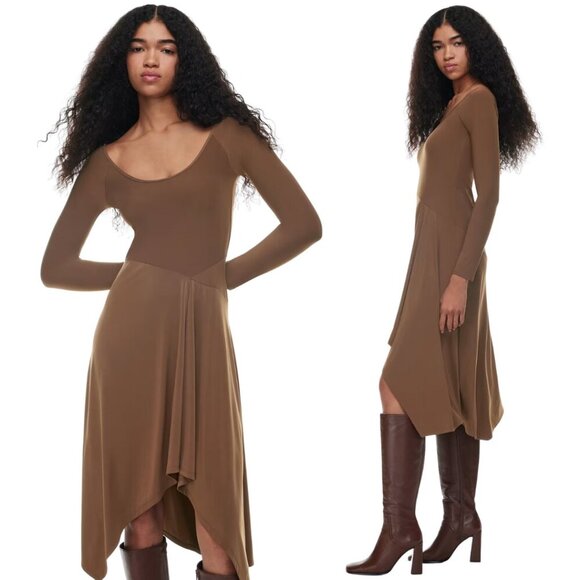 Wilfred Aritzia Nuage Asymmetrical Midi Dress Women's Small Brown Flowy Neutral - Picture 2 of 16
